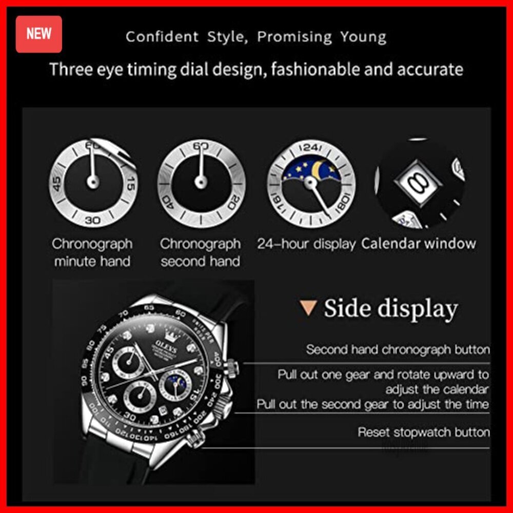 Men's Diamond Chronograph Watch, Moon Phase, Waterproof, Silicone Strap View 5